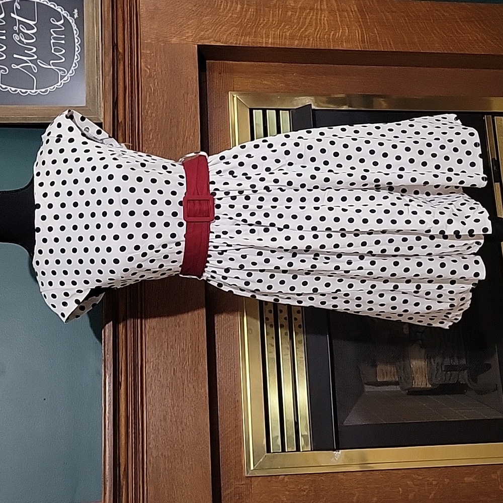 Black & White Polka Dot Retro Swing Dress with Maroon Belt Size Small